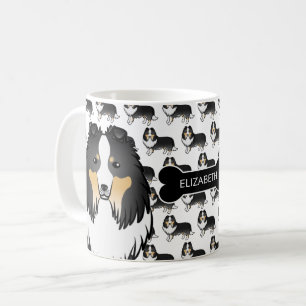 Caneca De Café Tricolor Cartoon Sheltie Com Dog Bone & Name