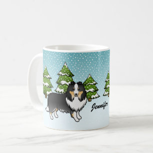 Caneca De Café Tricolor Sheltie Cartoon Dog Em Inverno E Nome