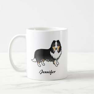 Caneca De Café Tricolor Shetland Sheepdog Cartoon Dog & Name