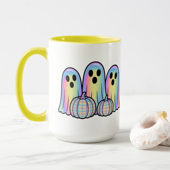 Caneca de Café Trio de Fantasmas Fofos de Hallowee (Com Donut)