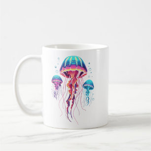 Caneca De Café Trío de Medusas Bioluminescentes de Neon Estética