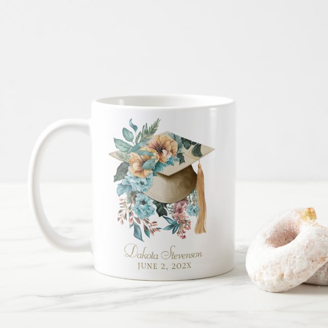 Caneca De Café Tropical Floral Graduação Hat e Partido Tassel (Com Donut)