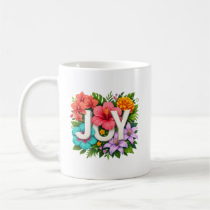 Caneca De Café Tropical JOY - Hibisco de Verão Tipografia Floral
