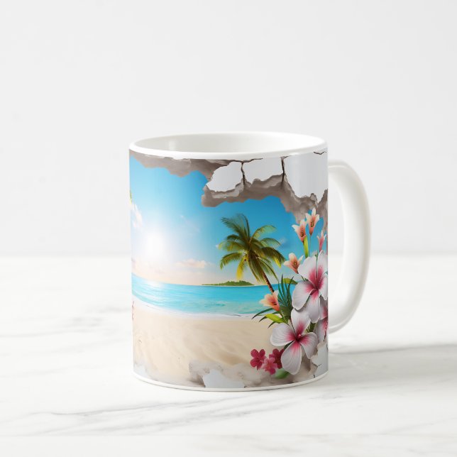 Caneca De Café Tropical Paraíso Praia 3D Mug (Frente Esquerda)