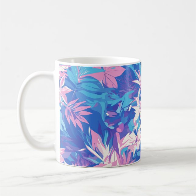 Caneca De Café 🌺 Tropical Pink & Blue Floral Pattern - Fresh & V (Esquerda)