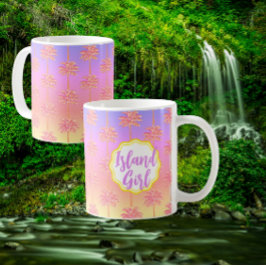Caneca De Café Tropical Sunset Island Girl Pink Palm Tree Mug