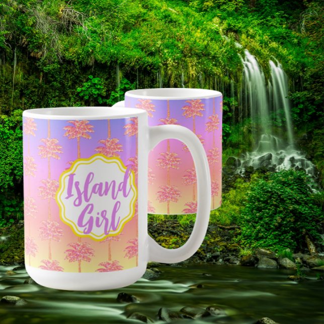 Caneca De Café Tropical Sunset Island Girl Pink Palm Tree Mug (Personalize it! 2 sizes)
