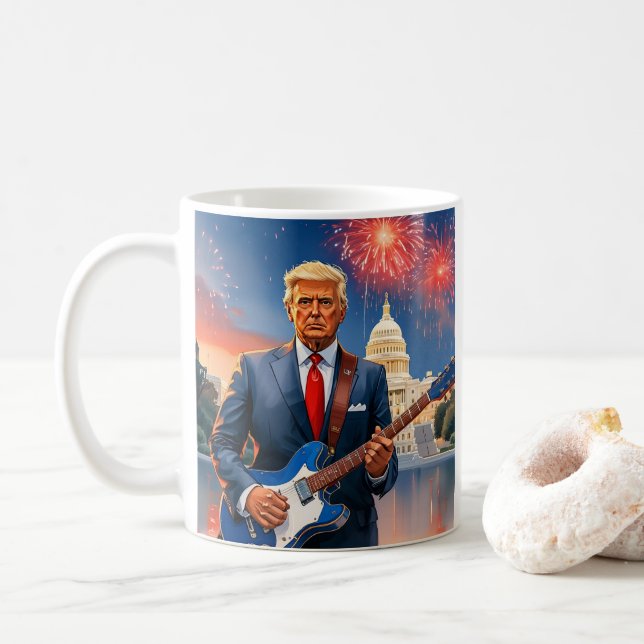 Caneca De Café Trump Tocando Violão Elétrico US Capitólio Firewor (Com Donut)