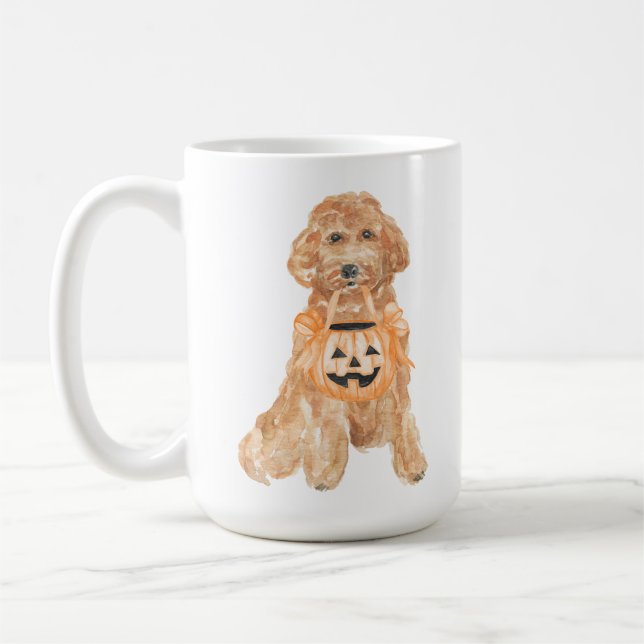 Caneca De Café Truque de Abóbora de Goldendoodle Halloween ou Tra (Esquerda)