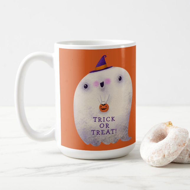 Caneca De Café Truque de Decoração Halloween ou Tratar Fantasma B (Com Donut)