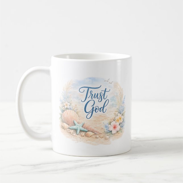 Caneca De Café "Trust God" Coastal Beach Watercolor Christian (Esquerda)