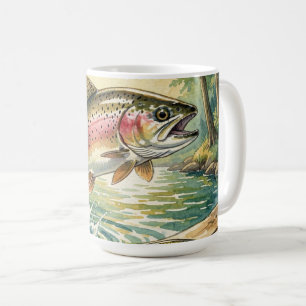 Caneca De Café Truta arco-íris saltando em riacho da floresta aqu