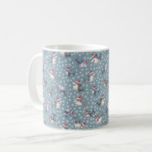 Caneca De Café Tubarões de Natal & Flocos de Neve em Cinza Claro-