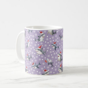 Caneca De Café Tubarões de Natal & Flocos de Neve em Roxo Claro