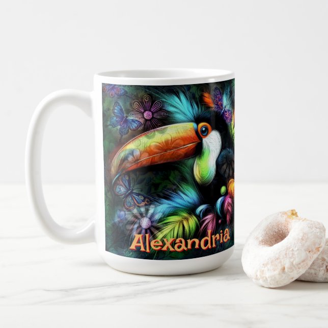 Caneca De Café Tucano de Pássaro Abstrato Caprichoso Personalizad (Com Donut)