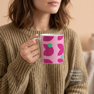 Caneca De Café Tulipa Rosa Vibrante dos Anos 70 com Pontos Verdes