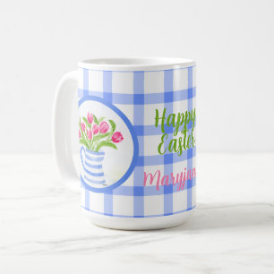 Caneca De Café Tulipas Aquarela Azul Xadrez Feliz Páscoa