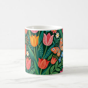 Caneca de Café Tulipas Borboletas Abstratas