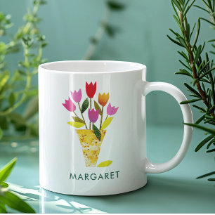 Caneca De Café Tulipas Buquê Placa Personalizada Floral Bonito