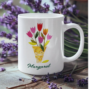 Caneca De Café Tulipas Buquê Placa Personalizada Floral Bonito