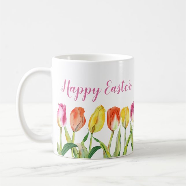 Caneca De Café Tulipas Coloridas Feliz Páscoa (Esquerda)
