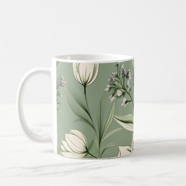 Caneca De Café Tulipas Com Folhas Em Verde Leve (Esquerda)