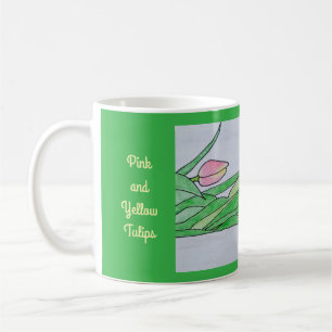 Caneca De Café Tulipas cor-de-rosa e amarelas deitando-se em verd