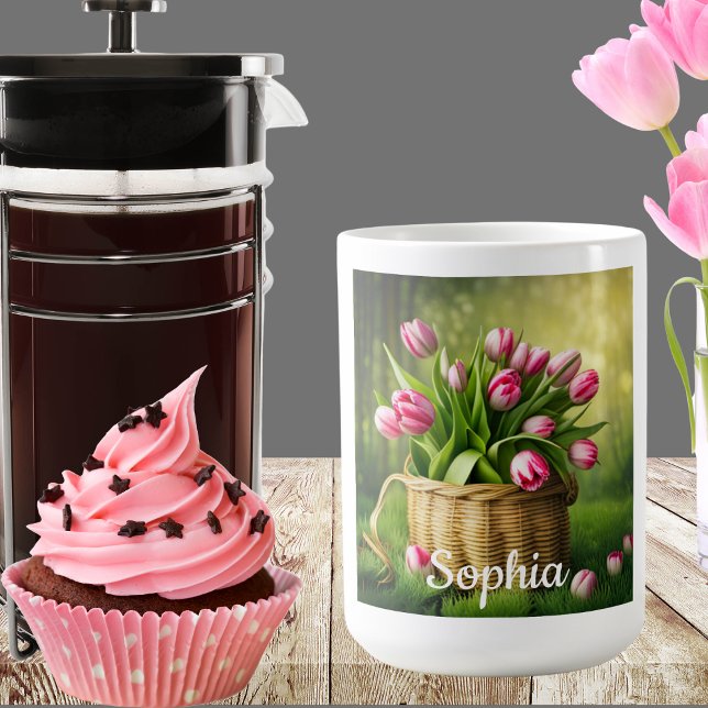 Caneca De Café Tulipas cor-de-rosa no cesto (Criador carregado)