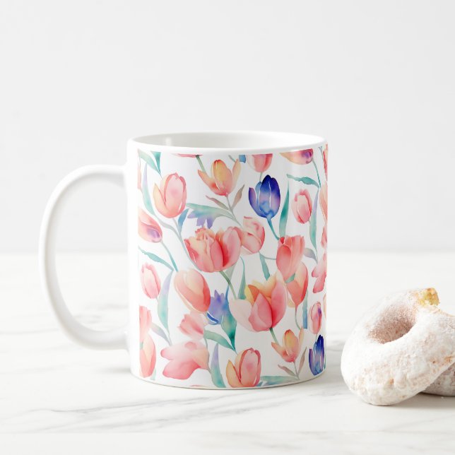 Caneca De Café Tulipas De Aquarela (Com Donut)