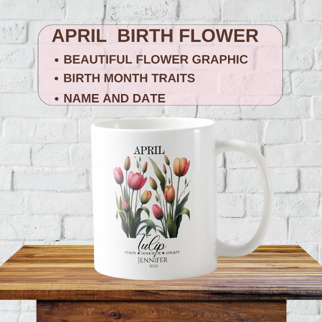 Caneca De Café Tulipas de Flores de Aniversário de Abril Personal (Criador carregado)