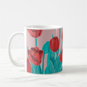 Caneca De Café tulipas de primavera, padrão floral desenhado à mã