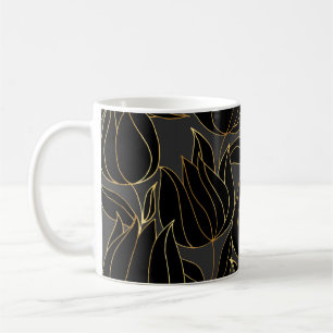 Caneca De Café Tulipas Douradas Pretas: Padrão Floral de Luxo