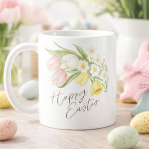 Caneca De Café Tulipas & Narcisos em Aquarela Feliz Páscoa