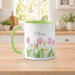 Caneca de Café Tulipas Rosa Bonitas e Narcisos Bra