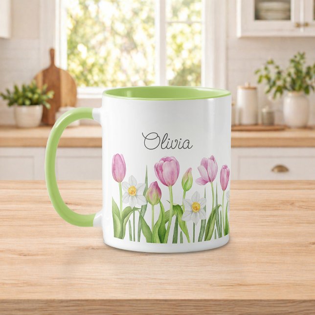 Caneca de Café Tulipas Rosa Bonitas e Narcisos Bra (Criador carregado)