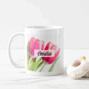 Caneca De Café Tulipas Rosa com Foto de Folhas Verdes