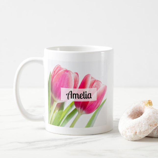 Caneca De Café Tulipas Rosa com Foto de Folhas Verdes (Com Donut)