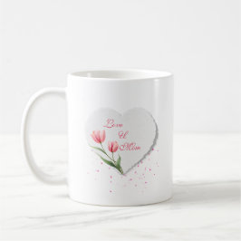 Caneca De Café Tulipas Rosa Elegantes e Coração de Papel Dia das 