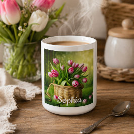 Caneca De Café Tulipas Rosa em Cesto