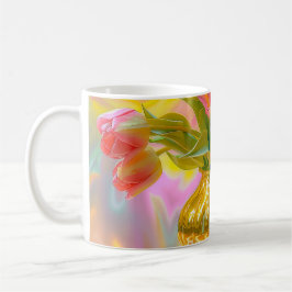 Caneca De Café Tulipas Rosa Vibrantes em Vase Ouro