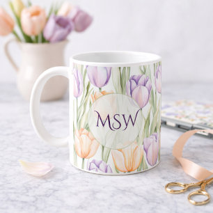Caneca De Café Tulipas Roxas Pastel Laranja Monograma Floral de P