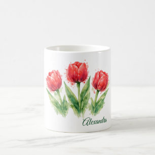 Caneca De Café Tulipas Vermelhas Aquarela Personalizadas