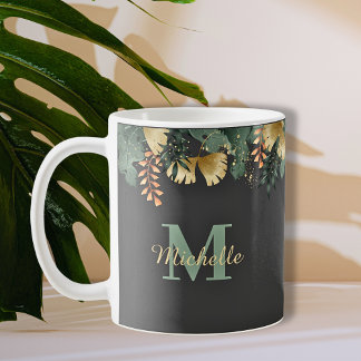 Caneca De Café Tumbler Térmico de Monograma de Folhas Tropicais
