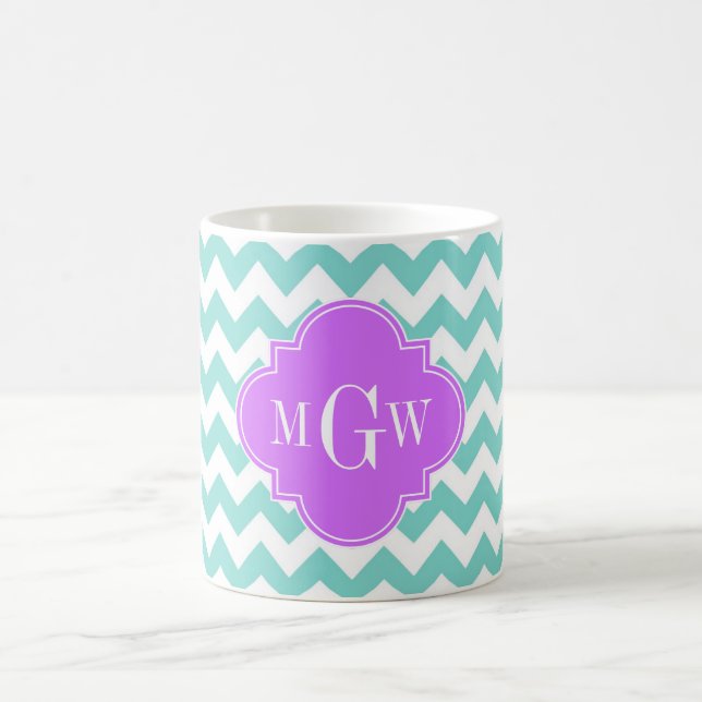 Caneca De Café Turq / Aqua Wht Chevron Lilac 3 Monograma Inicial (Centro)