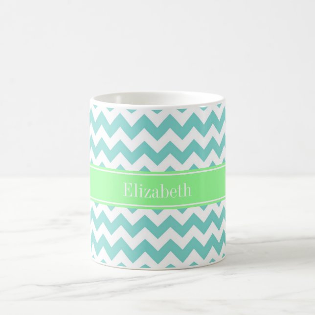 Caneca De Café Turq / Aqua Wht Chevron Mint Green Name Monograma (Centro)