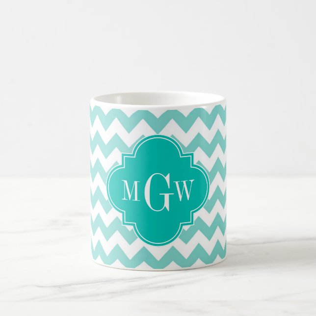 Caneca De Café Turq/Aqua Wht Chevron Teal 3 Monograma Inicial (Centro)