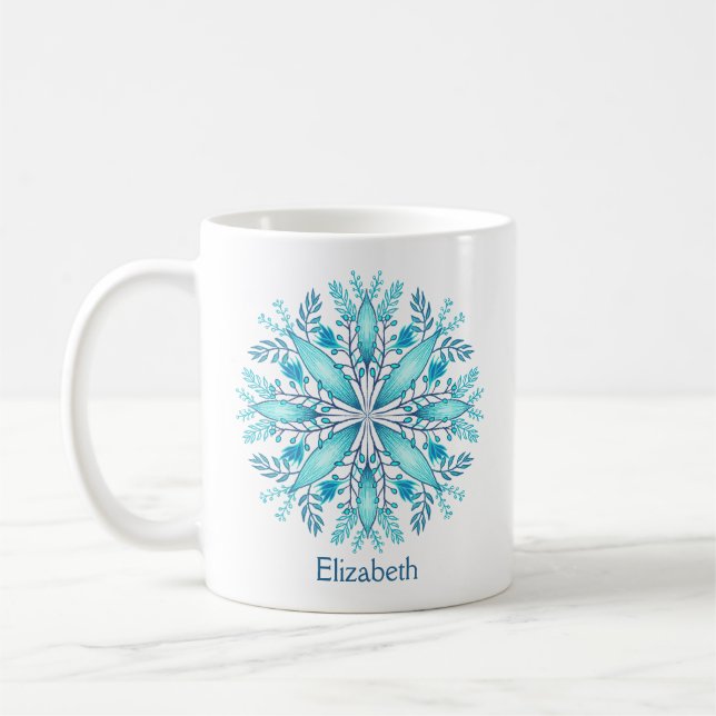 Caneca De Café Turquesa Blue Winter Snowflake Nome da flor (Esquerda)