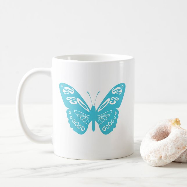 Caneca De Café Turquesa Borboleta Branca Personalizada (Com Donut)