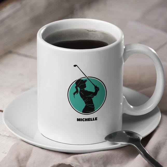 Caneca De Café Turquesa Damas Golf Silhouette (Criador carregado)