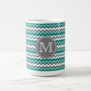 Caneca De Café Turquesa e Cinza Chevron Zigzag Monograma